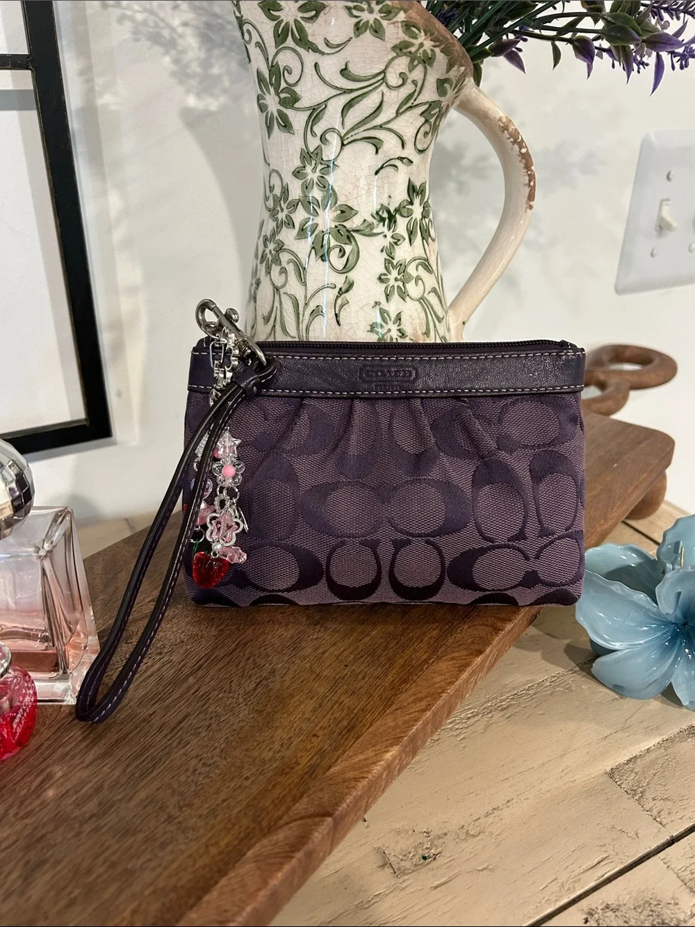 Coach Purple Signature Wristlet Pouch with Heart Charm